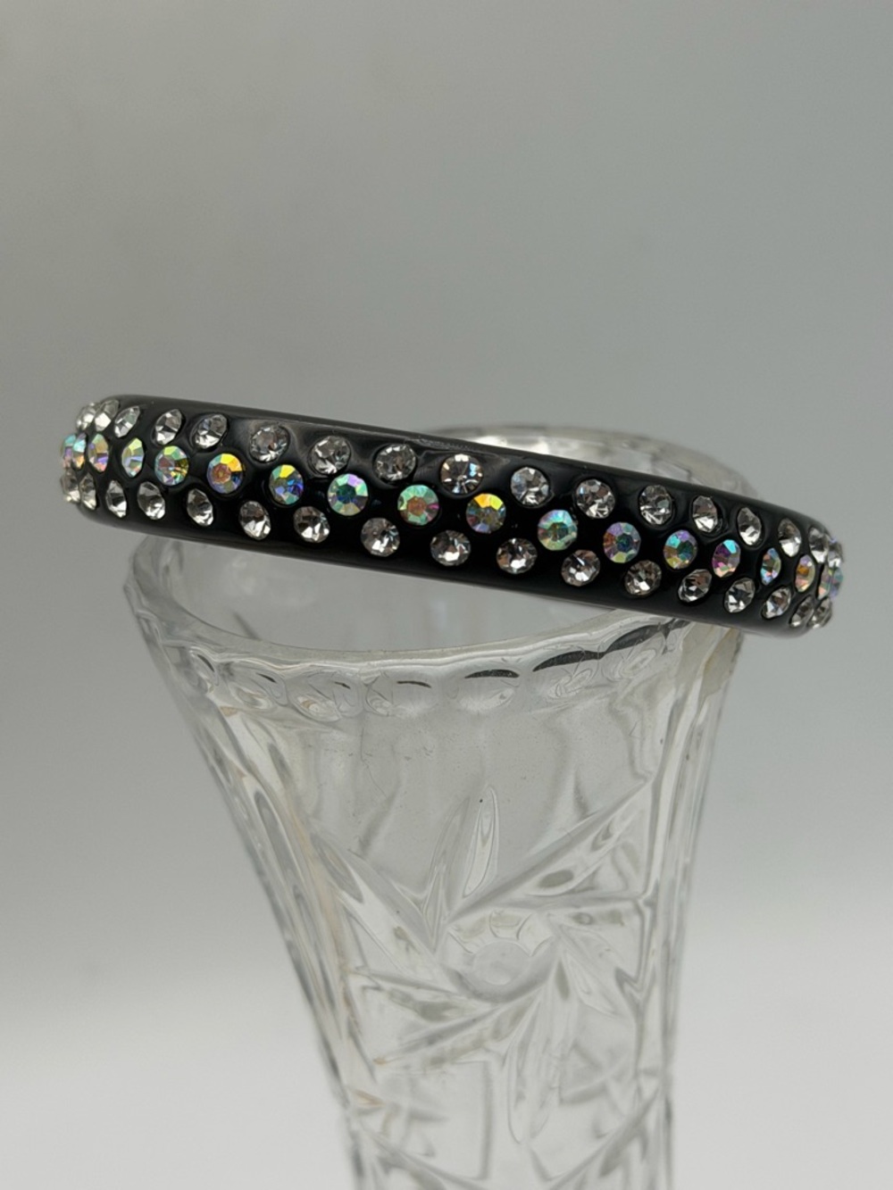 Black Lucite and Rhinestone Crystal-Embellished Bangle